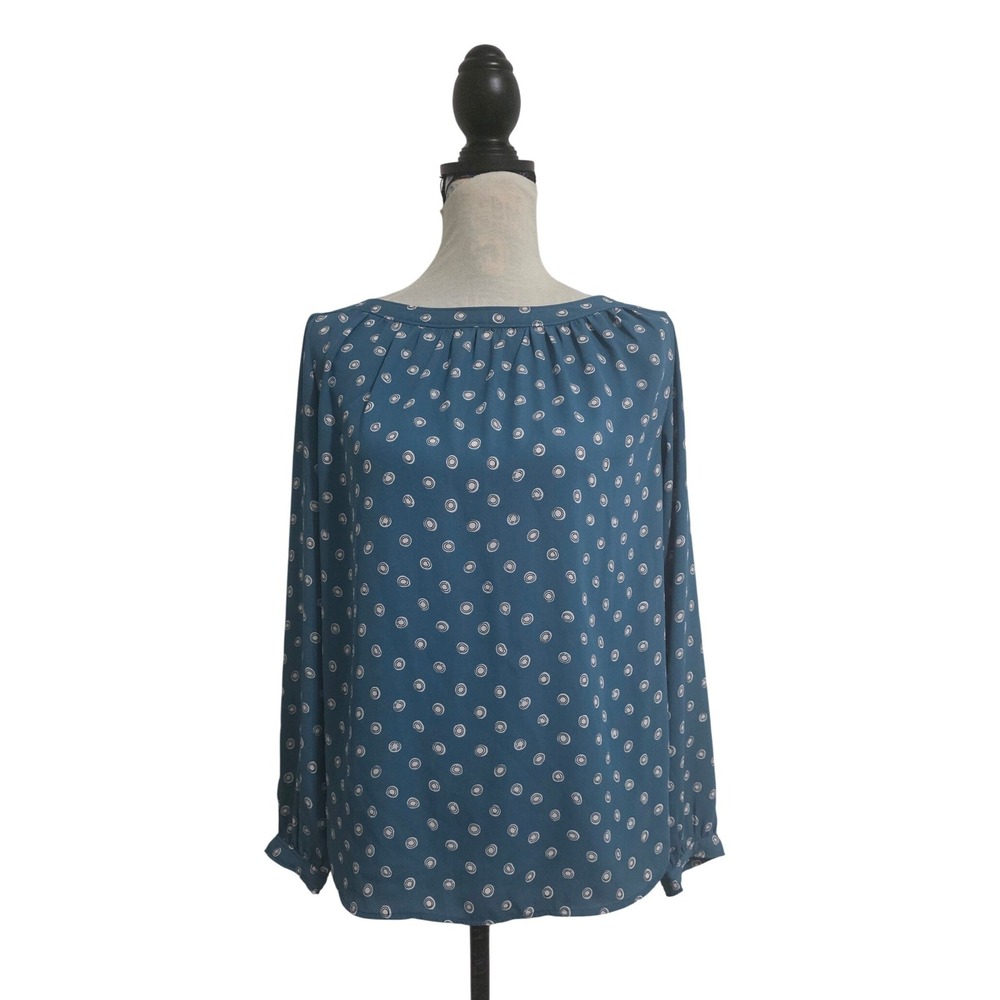 Loft Outlet Womens Blue Geometric Print Long Sleeve‎ Blouse Size S Crew Neck Top